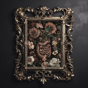 Intestinos humanos, hígado con estampado de flores, pintura gótica de anatomía, arte vintage del intestino floral, decoración imprimible de la academia médica oscura
