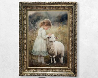 少女と羊のプリント、アンティークな羊飼いの子羊の村の農家の装飾