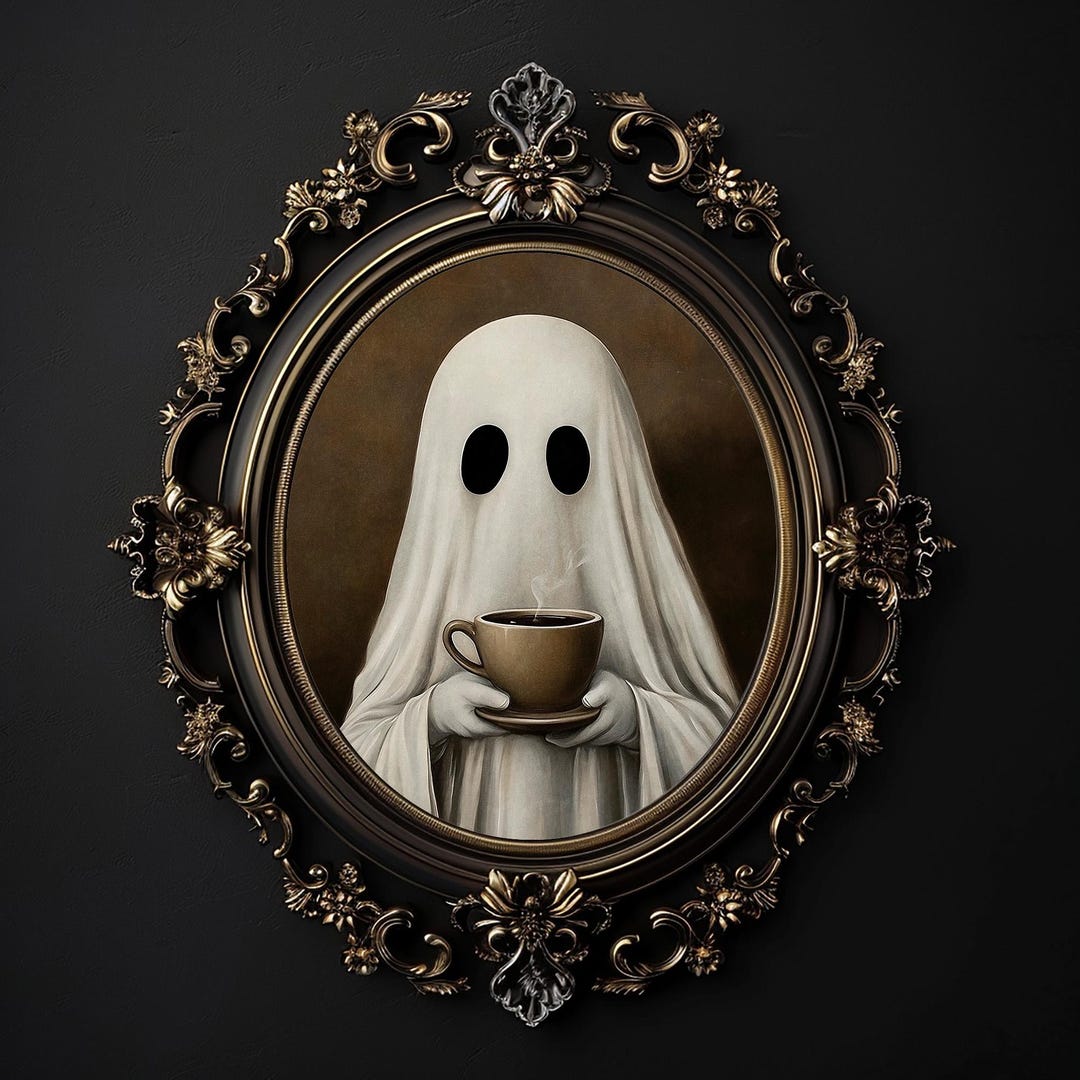 Ghost Drinking Coffee Print, Ghost Tea Whimsical Dark Academia, Ghost ...