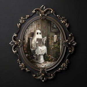 Ghost reading newspaper on toilet print, dark academia, whimsical ghost bathroom portrait halloween printable vintage poster gothic painting