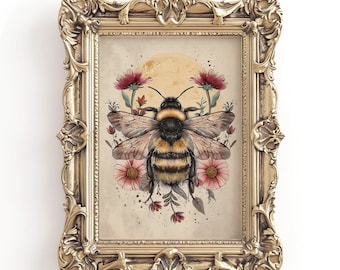 Floral Bee Sun Print, Retro Botanical Art (Digital Download)