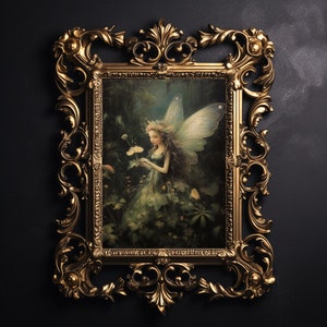 Forest floral fairy, sage green cottagecore print, fairycore wall art, botanical aesthetic, goblincore wall decor, moody painting print