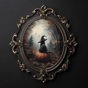カボチャ柄の魔女の帽子をかぶった黒猫、ハロウィーン猫のビンテージポスター、ダークアカデミアの印刷物、コテージコアの装飾、ゴシック絵画