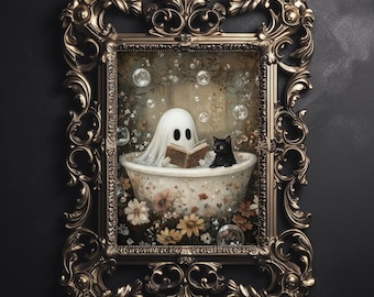 Ghost reading book and black cat takes a bathtub print, dark academia, ghost bath tub portrait halloween printable, vintage gothic painting