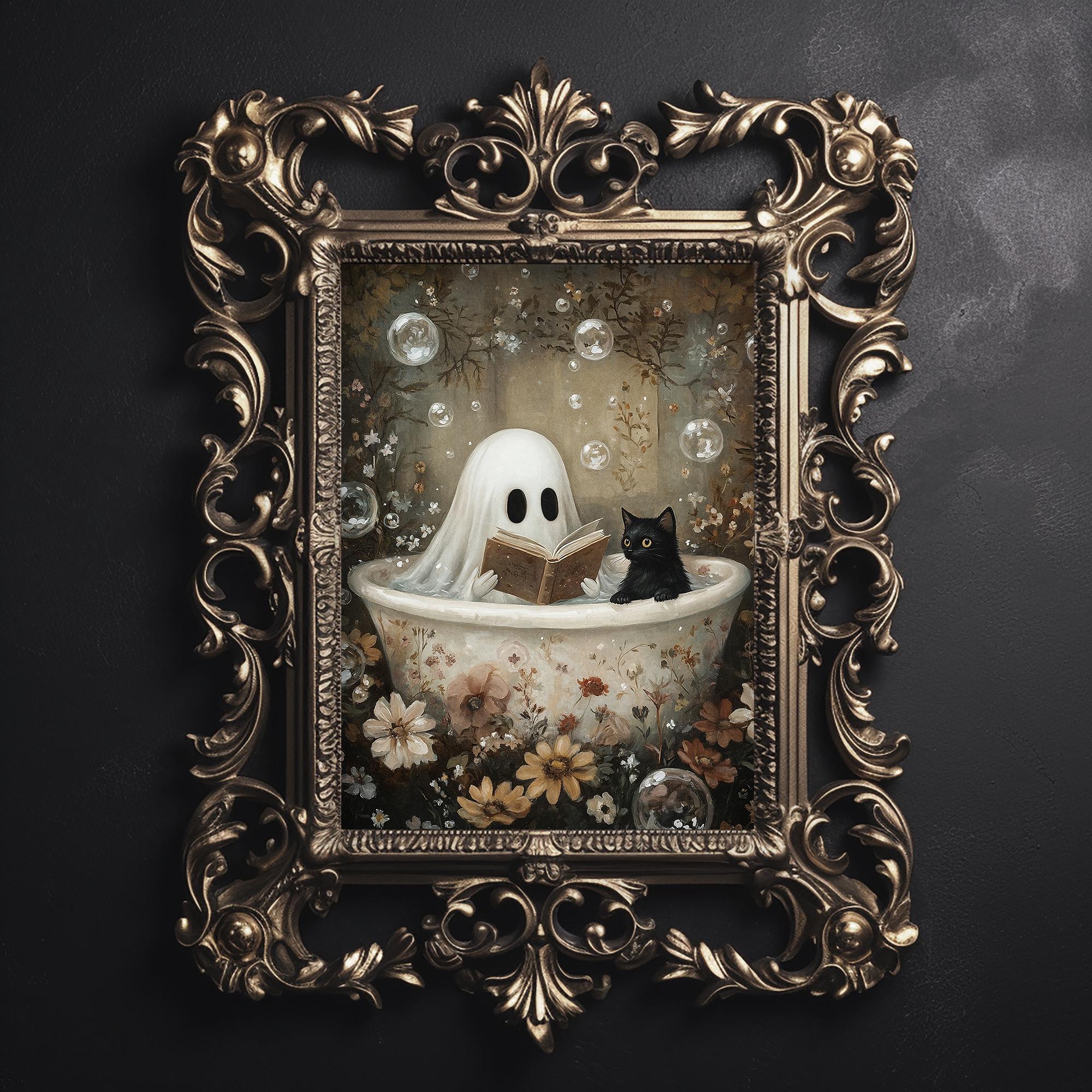 Duch czytający książkę i czarny kot wchodzący do wanny, wydruk z mroczną akademią, portret ducha w wannie do wydrukowania na Halloween, gotycki obraz w stylu vintage