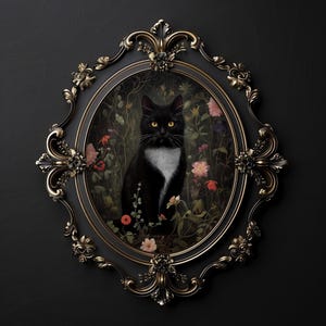 花柄の黒猫プリント、花柄の猫のビンテージポスター、ダークアカデミアの印刷物、黒猫のダークコテージコア装飾、ゴシック油絵