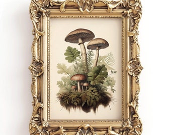 Botanical Mushroom Print, Moss Fern, Vintage Gothic Poster (Digital Download)