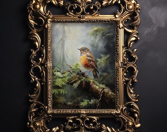 Väggtavla med fågel i skogen, rustik fågeldekor, botanisk tryckbar, lantlig stugdekor, lantlig väggkonstmålning, estetisk poster
