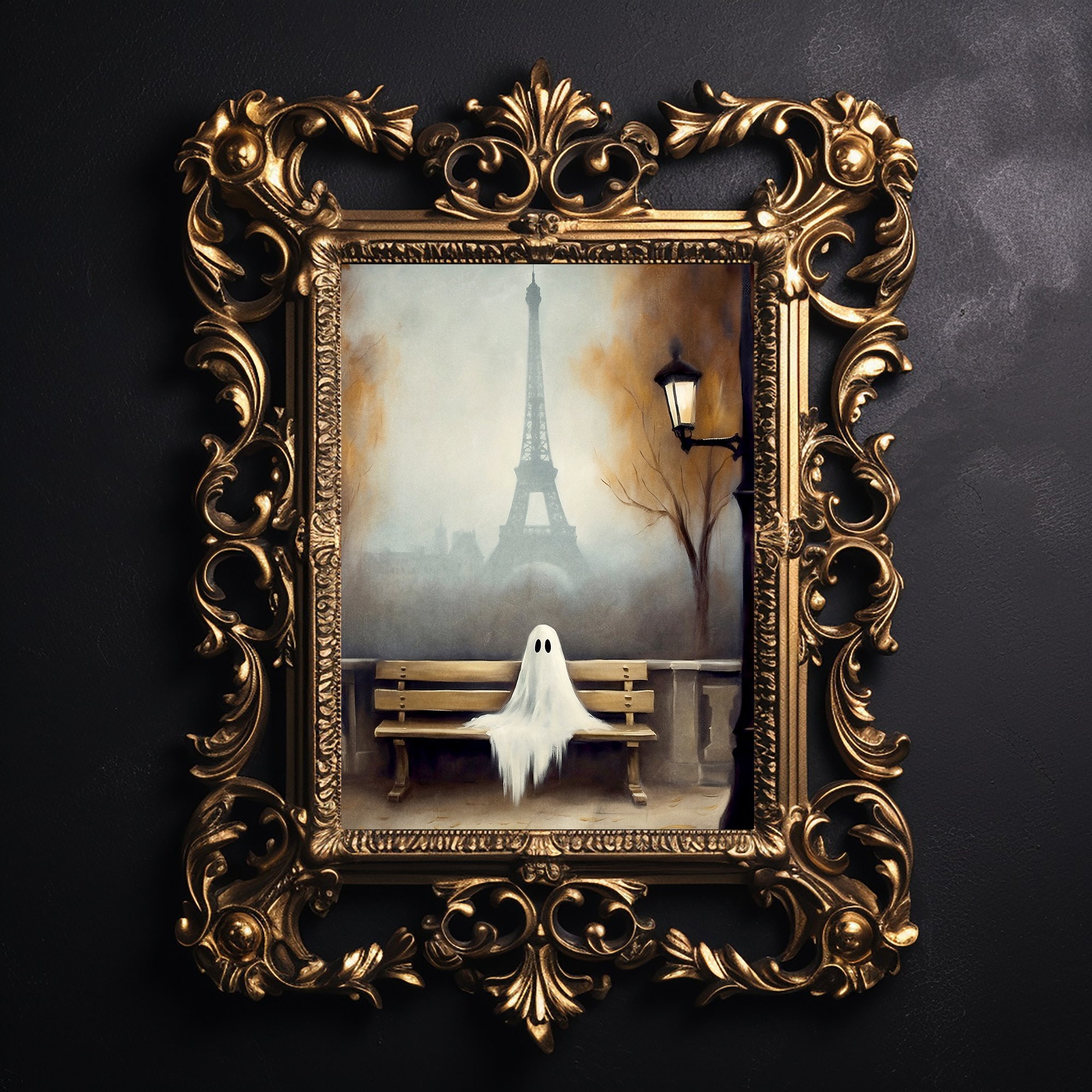 Ghost in Paris on a bench, fall ghost portrait printable decor, vintage ghost poster painting, autumn ghost print, dark academia