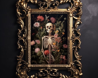 Floral skeleton portrait print, dark academia, halloween printable, spooky decor, vintage poster, gothic oil painting, flower skull