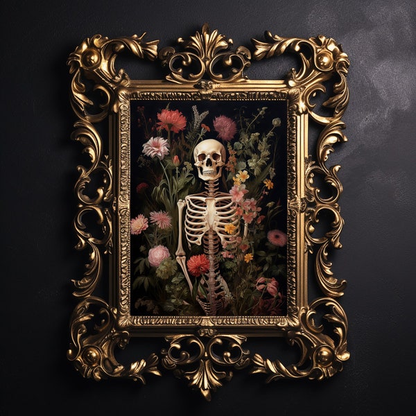 Floral skeleton portrait print, dark academia, halloween printable, spooky decor, vintage poster, gothic oil painting, flower skull