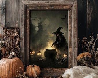 Hexe braut einen Trank im Herbstwalddruck, Halloween dunkel Academia, witchy Bauernhausdekor, Vintage Herbstplakat, Hexe rustikales printable