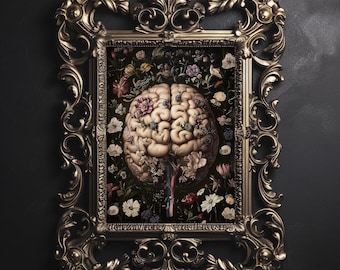 Human brain with flowers print, brain vintage poster, dark academia printable, floral brain decor, anatomy gothic oil painting