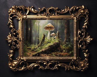 Paddestoelen op boomstronk in bos muurprint, botanisch schilderij, bospaddenstoelen, humeurige mos muurprint, donkere academische wereld, vintage schilderij
