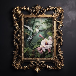 Tarareando en estampado de bosque de flores, pintura botánica de academia oscura, estampado de aves del bosque de mal humor, decoración forestal, cottagecore retro imprimible