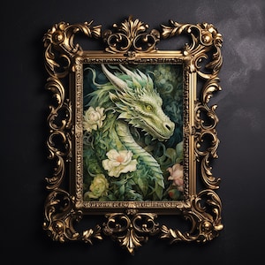 Grüner Drache, Goblinkern Dekor, makaberes Wandbild, mystisches Blumenbild, mystisches Unikat, Cottagecore Dekor, dunkler Feenkern