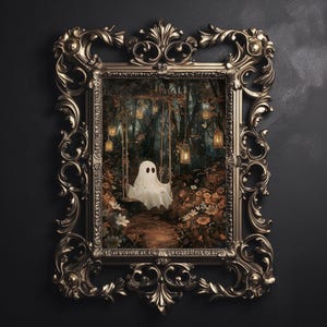 Cute ghost on swing in autumn park print, fall dark academia, cottagecore spooky printable decor, digital vintage goth wall art painting