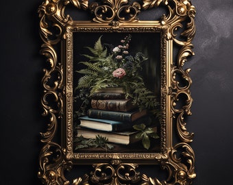 Botanical Bookstore Print, Floral Fern, Dark Academia Decor (Digital Download)