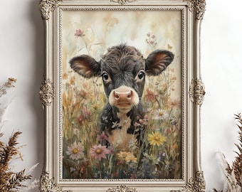 May include: A framed watercolor painting of a black and white calf standing in a field of wildflowers. The calf is looking directly at the viewer with a sweet expression. The background is a soft watercolor wash of yellow, pink, and green.