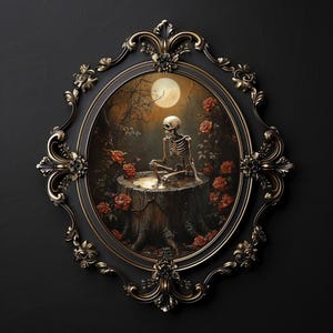 Floral skeleton taking a bath print, dark academia, halloween printable, spooky decor, vintage poster, gothic oil painting, flower skull
