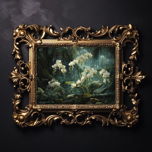 Wilder grüner Wald mit Orchideen, stimmungsvolle Waldmalerei, dunkle Academia, Vintage Poster, ästhetisches gothic Goblincore Bild