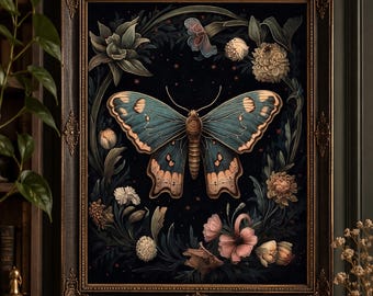 Woodland blue moth, moody butterfly wall print, botanical butterfly printable, floral dark academia, cottagecore wall art, vintage poster