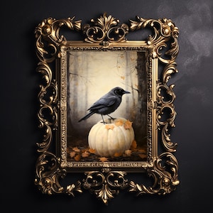 Krähe auf einem Kürbis Herbst, Herbst Kürbis Wanddruck, Wissenschaft Dekor, Rabe Halloween druckbares Poster, Gothik Ölgemälde, Herbst Poster