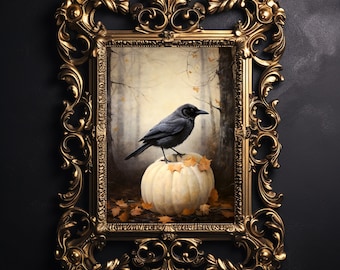 May include: A black crow perched on top of a white pumpkin with fall leaves scattered around it. The image is framed in a gold ornate frame.