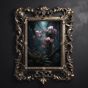 Bosque mágico de orquídeas silvestres, impresión de pared con un toque boscoso, decoración académica oscura, póster vintage, pintura digital estética gótica goblincore