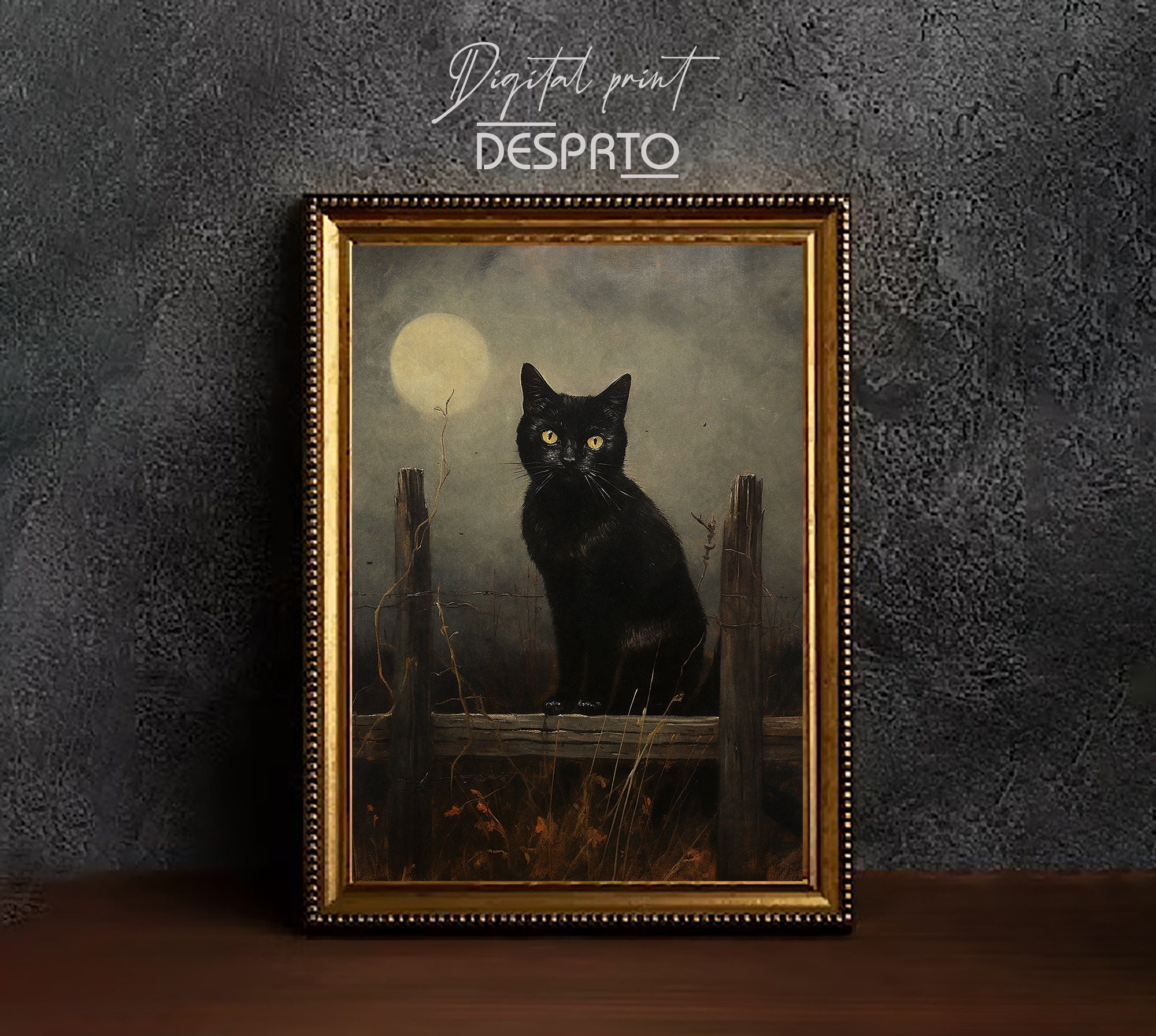 Black Night Cat Vintage Print, Moon Cat on a Fence Poster, Dark ...