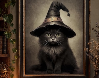 Black kitten in a witch's hat print, halloween cat vintage poster, horror dark academia printable, gothic painting