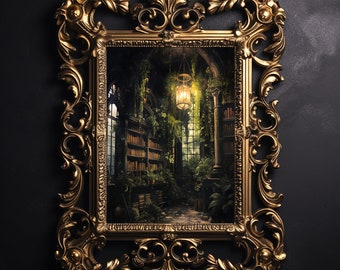 Dark Academia Library Print, Botanical Bookstore Decor (Digital Download)