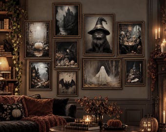 Dark Academia Halloween Print Set of 9, Rustic Autumn Gallery Wall (Digital Download)