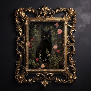 Floral black cat print, flower cat vintage poster, dark academia printable, dark сottagecore decor,  gothic oil painting