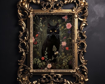 Floral black cat print, flower cat vintage poster, dark academia printable, dark сottagecore decor,  gothic oil painting