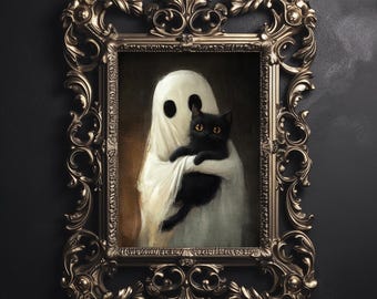 May include: A framed painting of a white ghost holding a black cat. The frame is ornate and gold in color.