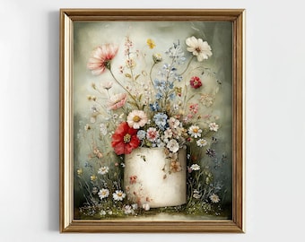 Impresión de rollo de papel higiénico con flores, póster vintage floral para baño botánico, flores silvestres melancólicas para imprimir en Dark Academy, decoración cottagecore