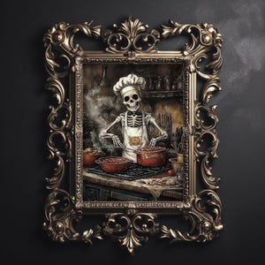 Skeleton in kitchen print, victorian kitchen  skeleton portrait,  dark academia, skull spooky decor, vintage poster, gothic oil painting