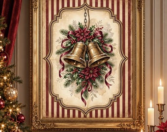 Victorian Christmas Bells Print, Antique Gold Holiday Art (Digital Download)