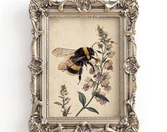 Boho bee in purple flower print, moody bumblebee decor, botanical printable, floral bee dark academia, cottagecore wall art, vintage poster