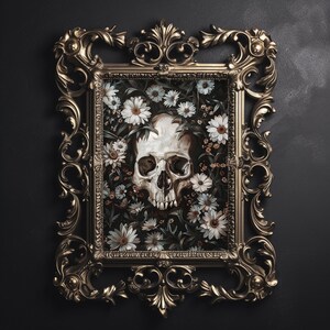 Flowers skull portrait print, white floral dark academia, halloween printable, spooky decor, vintage poster, gothic oil painting, skeleton