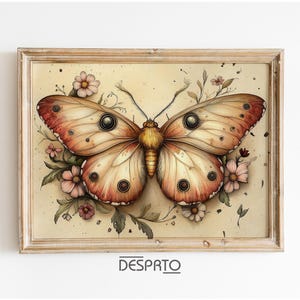 Boho vintage butterfly print, moody butterfly wall decor, butterfly printable, boho floral butterfly, woodland moth cottagecore wall art