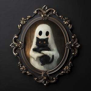 Impresión de un lindo gato negro abrazado por un fantasma, decoración digital de estilo cottagecore para Halloween, póster de arte de pared vintage con un fantasma, decoración imprimible de Dark Academia