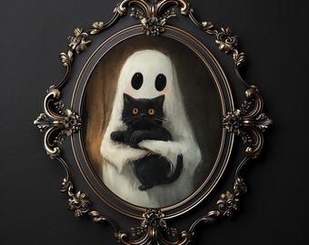 May include: A framed painting of a ghost holding a black cat. The frame is ornate and gold with a black background. The ghost is white and has two black eyes. The cat is black with yellow eyes.