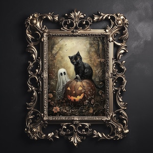 Geist und schwarze Katze im Herbstwald Kürbis Print, Halloween dark Academia witchy Dekor, Vintage Plakat, Hexe druckbare witchy Herbstplakat