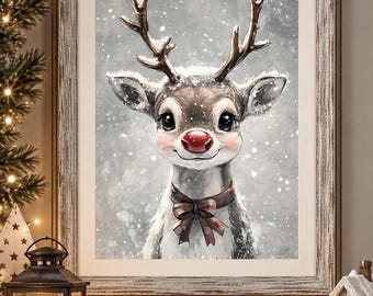 Portrait Christmas reindeer winter painting, Christmas fawn rustic wall art, elk wall decor, printable Christmas, vintage Xmas holiday art