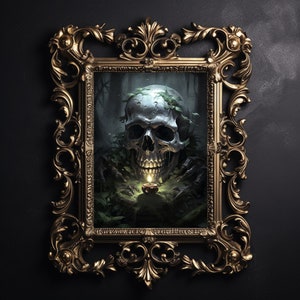 Skull portrait print, floral dark academia, halloween printable, goth spooky decor, vintage poster, gothic oil painting, skeleton