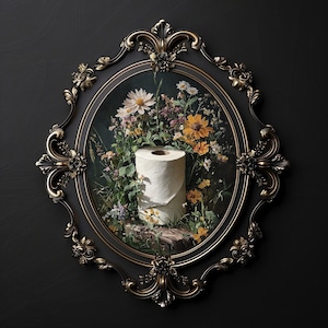 Stampa di rotoli di carta igienica a forma di fiore, poster vintage floreale per il bagno botanico, stampabile in stile dark academia, decoro dark cottagecore, fiori selvatici lunatici