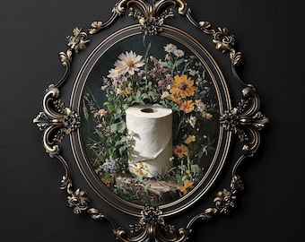 Flower toilet paper roll print, botanical bathroom floral vintage poster, dark academia printable, dark сottagecore decor, moody wildflowers