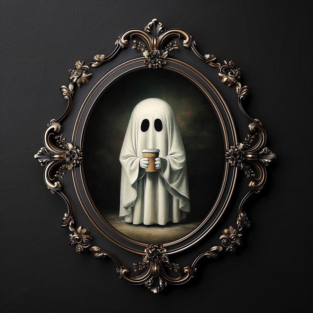 Ghost Drinking Coffee Print, Ghost Tea Whimsical Dark Academia, Ghost ...